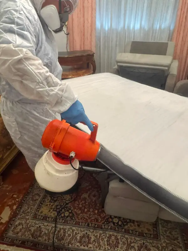Tecnico New Service in tuta protettiva durante un trattamento contro le cimici dei letti